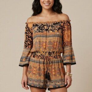 Angie Boho Off Shoulder Romper Orange Black Paisley Floral Rayon Small Lace Boho